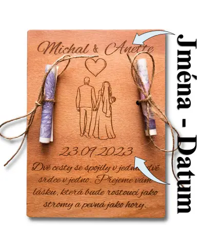 Svatební dřevěné přání - Jména + Datum